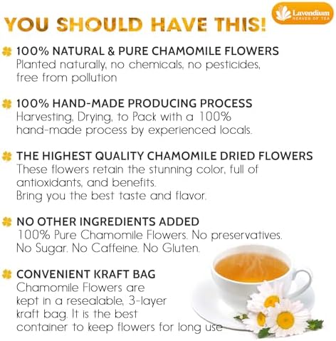 Lavendium 4oz Dried Chamomile Flowers – Whole Chamomile Flower, Premium Quality, 100% Natural & Pure, Naturally Caffeine-Free, No Additives or Preservatives, Plant-Based & Vegan