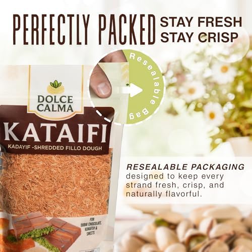 Dolce Calma Premium Roasted Kataifi Dough (180g / 6.4oz) – Kadayif for Dubai Chocolate Bar, Kunafa & Baklava Desserts, Finely Shredded Fillo, Resealable Bag, Phyllo for Pistachio Cream Bakery Knafeh