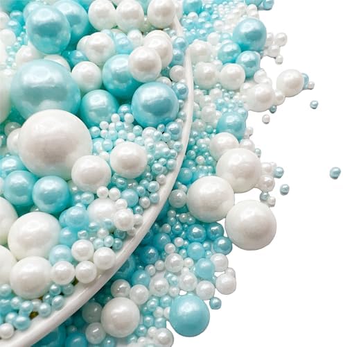 SE Si&Moos White and Light Blue Pearl Sprinkles for Cake Decorating Edible Pearl Cake Decorations Baby Blue and White Sprinkles for Cake, Cupcake, Baby Shower Birthday Party Holiday Christmas Supplies 3.5 OZ