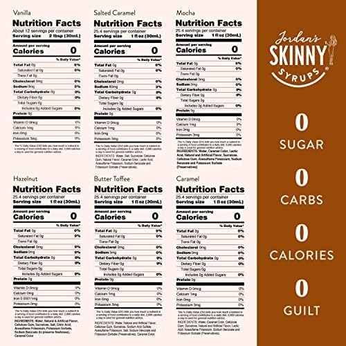 Jordan's Skinny Mixes Sugar Free Coffee Syrup, 6 Sampler Variety Pack Coffee Flavoring Syrup, Zero Calorie Drink Mix, Lattes, Baking, Protein Shake or Cocktail, Dairy & Gluten Free, Kosher, 25.4 Fl Oz