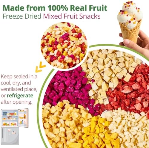 5.29oz Freeze Dried Mixed Fruits - 100% Real Crunchy Mixed Dehydrated Fruit Cubes with Strawberry, Dragon Fruit, Peach, Mango, Banana & Pineapple, Natural Healthy Dried Fruits Snacks, Yogurt & Cereal Topping