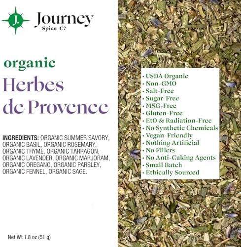Organic Herbes de Provence by Journey Spice Co. | Gourmet French Herb Blend Seasoning for Poultry, Vegetables, Seafood, Meat, Sandwiches, and More | Non-GMO, Natural, Salt-Free, Vegan, Gluten-Free | 1.8 oz. | Resealable/Reusable Cap