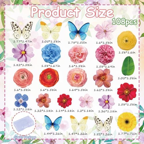 108PCS Edible Flower Cupcake Toppers Wafer Paper Butterfly Floral Baby Shower Cake Decorations Edible Spring Flower Cupcake Toppers for Floral Theme Birthday Party Decoration