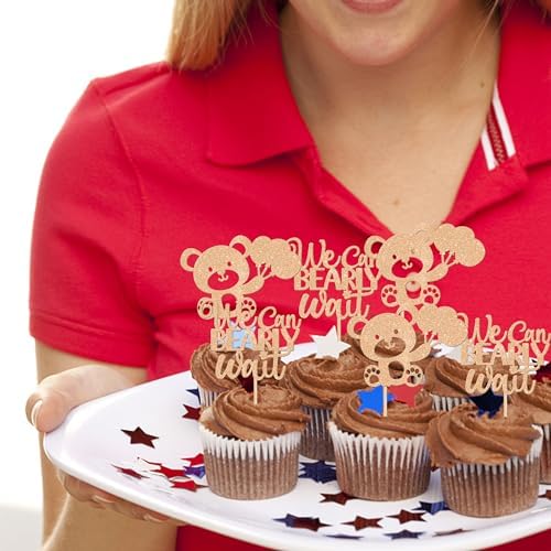 24 PCS We Can Bearly Wait Cupcake Toppers Glitter Balloon Bear Cupcake Picks Baby Shower Cake Decorations for Gender Reveal Theme Baby Shower Kids Birthday Party Supplies Champage Gold