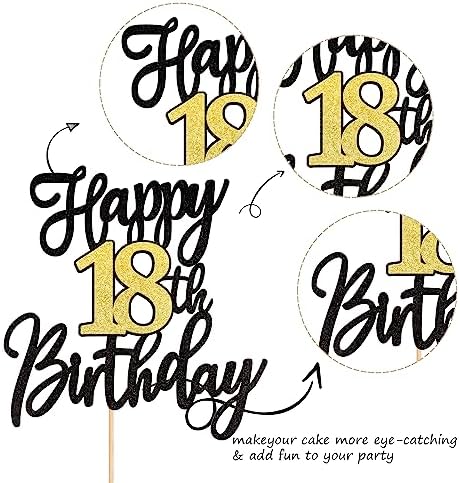 1 PCS Happy 18th Birthday Cake Topper Black Gold Glitter Cheers to 18 Years Birthday Cake Pick 18 Fabulous Cake Decoration for Happy 18th Birthday Anniversary Party Cake Decorations Supplies