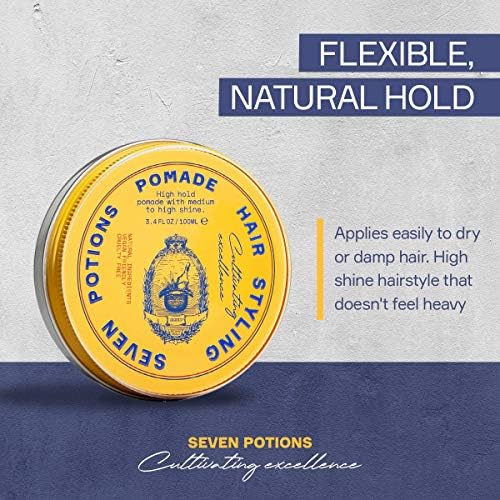 SEVEN POTIONS Men’s Hair Pomade — High Shine, High Hold, Water-Based — Barber-Grade Styling for Slick Back, Pompadour & Side Part — Natural, Vegan, Cruelty-Free — 3.4 fl oz / 100ml