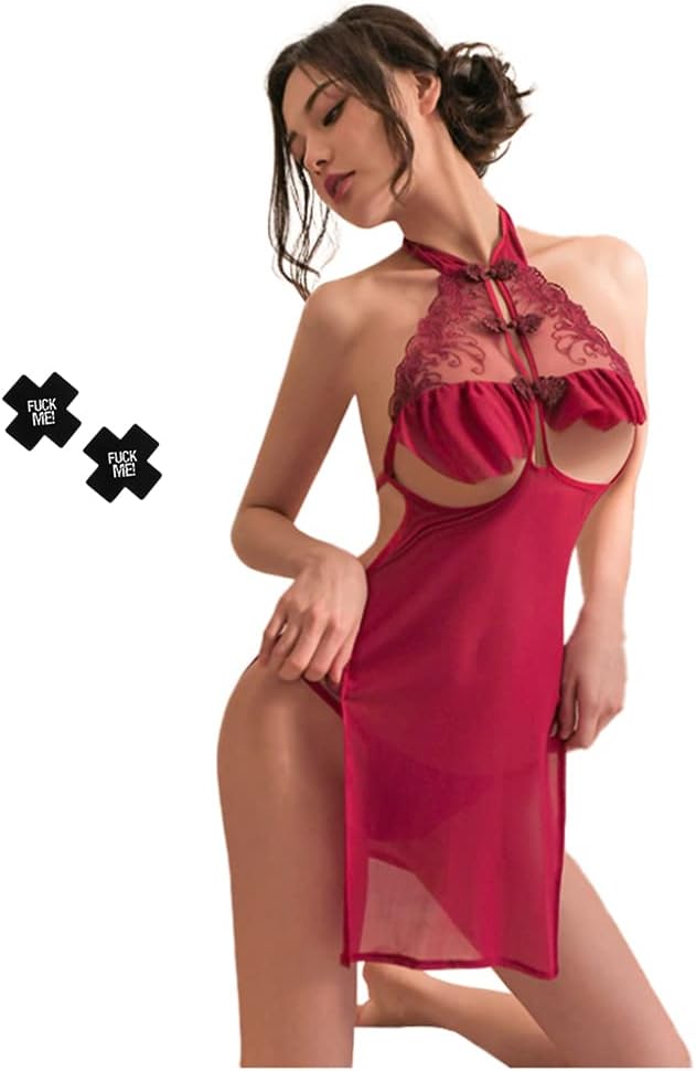 SINROYEE Sexy Cosplay Lingerie for Women Chinese Cheongsam Dress Qipao Anime Babydoll Costume High Split Nightgown