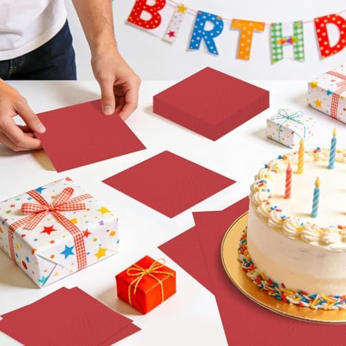 100 pcs 2-Ply Red Cocktail Napkins Folded 5 x 5 inch Red Disposable Paper Dessert Napkins for Dinner Birthday Wedding Valentines Christmas Party Picnic Beverage Napkin