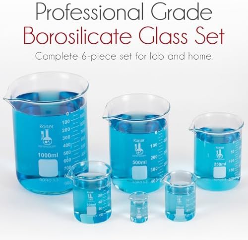 Karter Scientific, 3.3 Boro, Griffin Low Form, Glass Beaker Set - 6 Sizes - 10ml, 50ml, 100ml, 250ml, 500ml, 1000ml