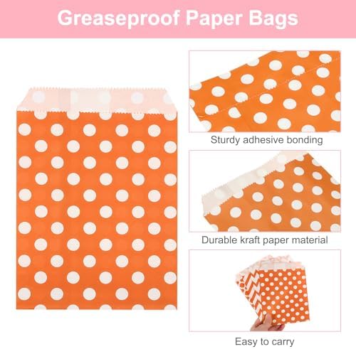 uxcell 100Pcs Kraft Paper Treat Bags, 7" x 5" Greaseproof Kraft Candy Bags Flat Favor Bags Small Gift Bags for Bakery Cookies Dessert Chocolate Soap Wedding Party Favor, Orange Dot
