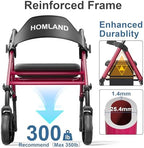 HOMLAND Walkers for Seniors with Seat, Foldable Rollator Walker, Reinforced Aluminum Frame, 8" Big Rubber Wheels for All Terrain, Height Adjustable Lightweight Rolling Walker