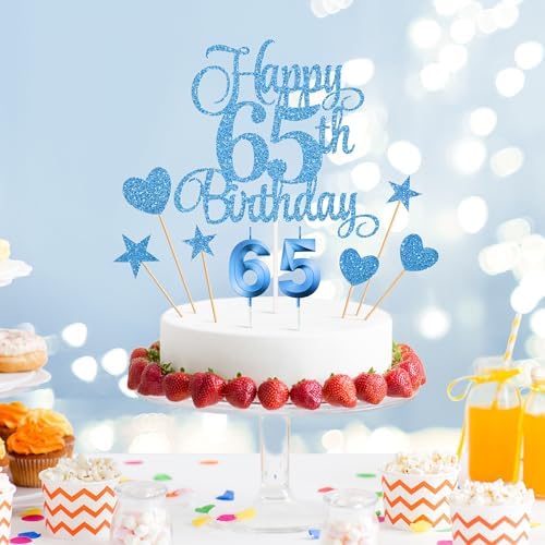 65th Birthday Cake Decorations, 65th Birthday Candles Cake Numeral Candles and Glitter Happy 65th Birthday Cake Toppers Set for Birthday Party Supplies (Blue)