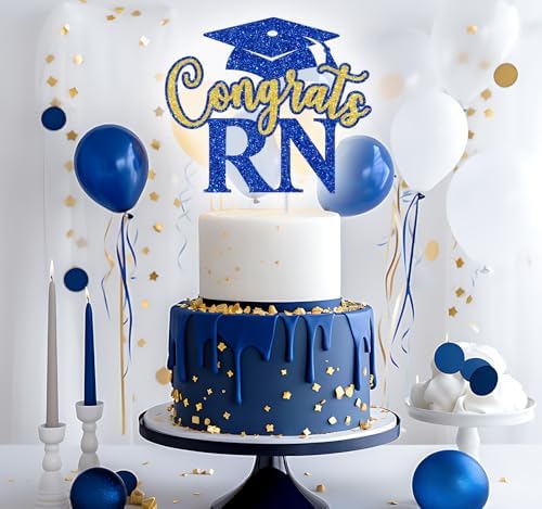 Congrats RN Cake Topper, RN Graduation Cake Decorations, Congrats Nurse BSN RN Decor, 2026 Medical Nursing School Graduation Party Decorations (Blue and Gold)