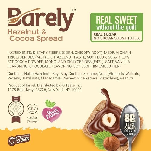 Hazelnut & Cocoa Spread by Barely, Low Sugar & No Artificial Sweeteners, Vegan, Keto Friendly, Delicious Chocolate Spread & Dessert Dip – High in Fiber with just 3.2 g Cane Sugar per Serving (2-Pack)