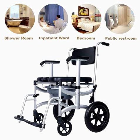 Mobile Shower Chair, 4-in-1 Toilet Commode Wheelchair with Brakes, Removable Pedal, Adjustable Armrest, PU Backrest Cushion and Pail 330lb