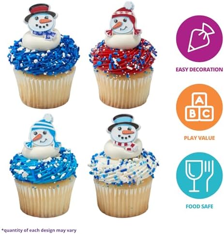 DecoPac Snowman Friends Cupcake Rings, 24 Christmas Cupcake Toppers For Festive Parties & Celebrations, Cute Snowmen, Food Safe Cake Toppers – 24 Pack