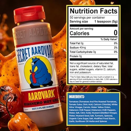 Secret Aardvark Habanero Hot Sauce - Habanero Peppers & Roasted Tomatoes, Medium Spiced Hot Sauce, BBQ Sauce, Non-GMO, Low Sugar, Low Carb, Hot Sauce & Marinade - 8 fl oz 1 Pack