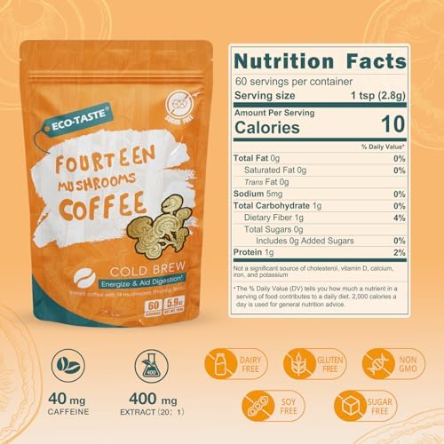 Cold Brew Mushrooms Coffee 14 in 1-60 Servings, Arabica Coffee with Lion's Mane, Reishi, Maitake, Turkey Tail, Chaga Fruiting Body Extract, 30% Beta-Glucan for Focus & Gut Health Support, 5.9oz