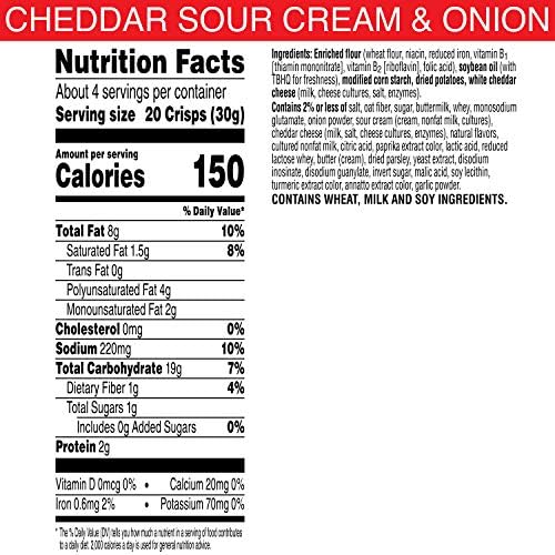 Cheez-It Snap'd Cheese Cracker Chips, Thin Crisps, Lunch Snacks, Cheddar Sour Cream and Onion, 21.6oz Case (6 Pouches)