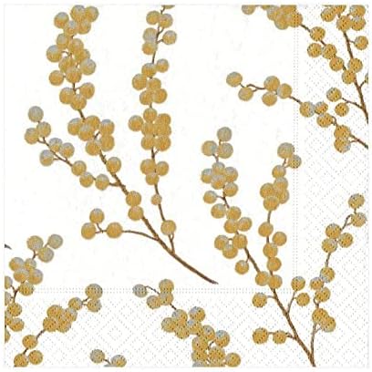 Entertaining with Caspari Berry Branches Paper Luncheon Napkin, White and Gold, Pack of 20 (5724L)