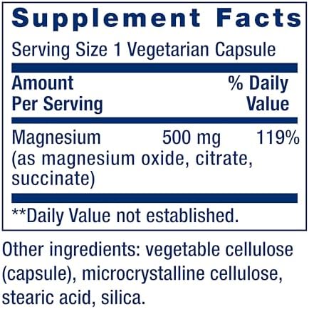 Life Extension Magnesium Caps, 500 mg, Magnesium Oxide, Citrate, and Succinate, Heart Health, Healthy Bones, Metabolism Support, 100 Vegetarian Capsules
