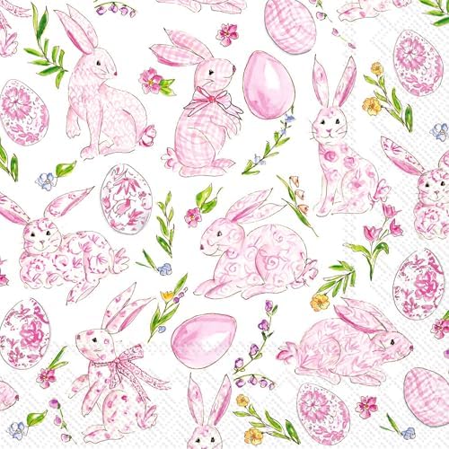 IHR Ideal Home Range Party Napkins Disposable 3-Ply Paper Lunch Napkin Pack, 6.5" x 6.5", Pink Bunny Floral, 20-Count