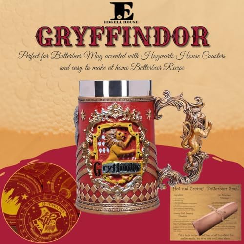 Butterbeer Bundle Includes – 1 HP Gryffindor Decorative Goblet – Wizard School House Coaster Set of 4 – 1 Ultimate Butterbeer Recipe