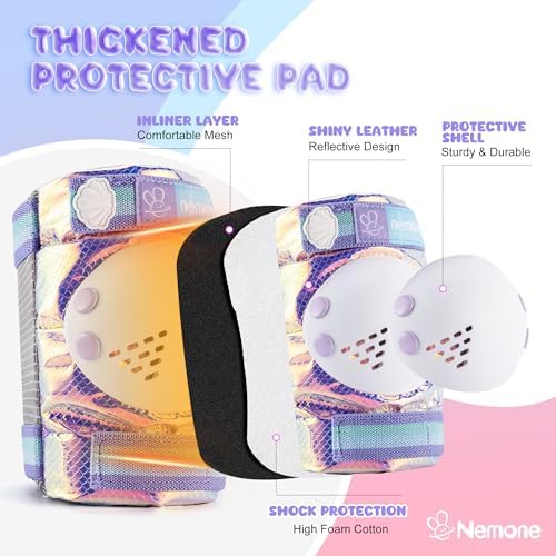 NEMONE Mermaid Knee Pads for Kids, Girls Boys Knee Elbow Pads Wrist Guards with Drawstring Bag, Adjustable Reflective Protective Gear Set for Roller Skates Bike Cycling Skateboard Scooter