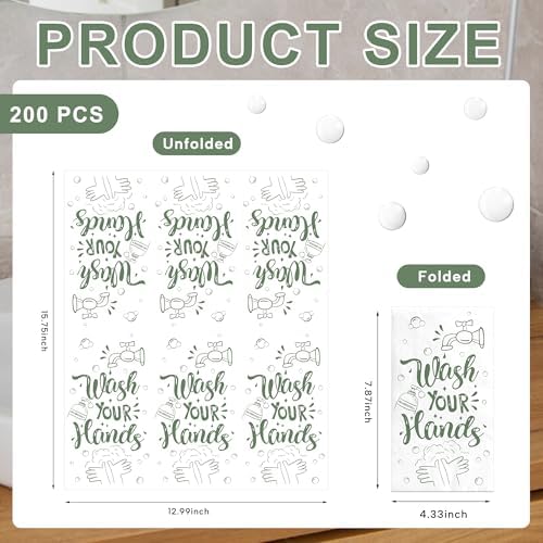 200Pcs Wash Your Hands Paper Napkins 3 Ply Disposable Green Hand Towels Bathroom Guest Napkins for Kitchen Wedding Anniversary Baby Shower Supplies