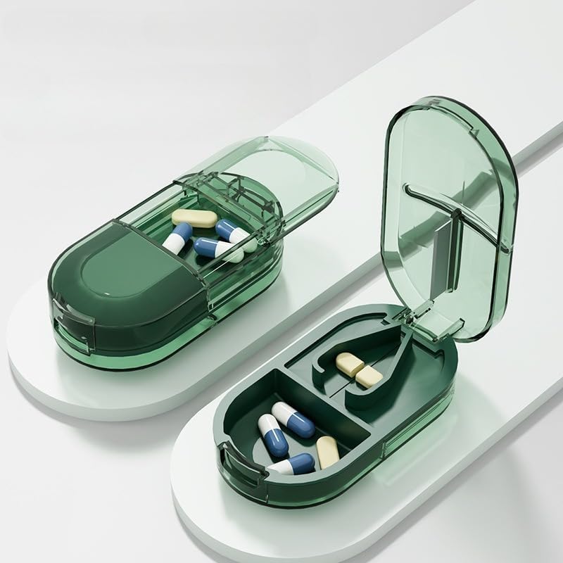 Plastic Pill Box with Splitter, Compact Medication Organizer and Splitting Tool (Green)