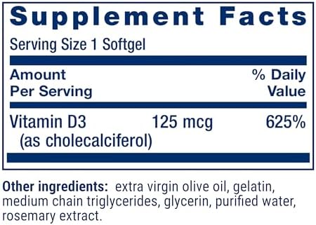 Life Extension Vitamin D3 125 mcg (5000 IU), Bone Health, Brain Performance, Immune System Support, Gluten-Free, Non-GMO, Once Daily, Two-Month Supply, 60 Softgels