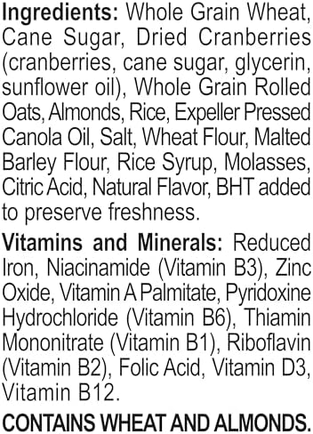 Great Grains Cranberry Almond Crunch Breakfast Cereal for Adults, Dried Cranberries and Almonds, Made with Whole Grain, Non-GMO, Heart Healthy, 17 OZ Box