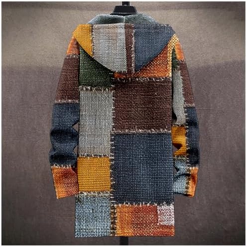 MARSVOVO Retro Patchwork Long Hooded Cardigan for Men Casual Stylish Fleece Lined Zip Up Hoodies Spring Fall Warm Jacket