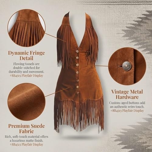 Women's Halter V Neck Fringe Mini Dress Sexy Western Cowgirl Faux Suede Tassel Slim Party Dresses
