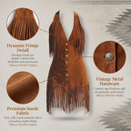 Women's Halter V Neck Fringe Mini Dress Sexy Western Cowgirl Faux Suede Tassel Slim Party Dresses