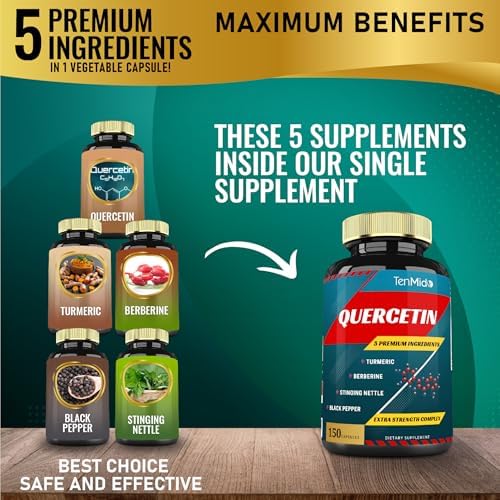 Quercetin Supplements Capsules - Supports Immune System & Heart Health, Antioxidants with Berberine, Stinging Nettle, Turmeric, Black Pepper - 150 Capsules - 5 Months Supply