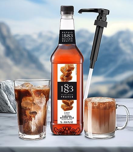 1883 Salted Caramel Syrup with Pump – Premium French Flavoring Syrup for Coffee, Lattes, Iced Coffee & Drinks – 1L Plastic Bottle, Made in France