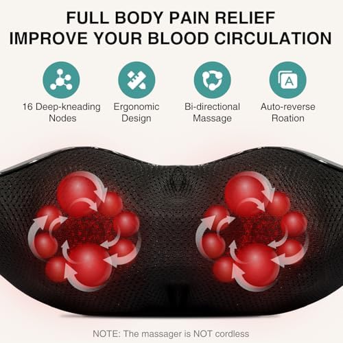 Nekteck Shiatsu Neck Massager with Heat for Pain Relief Deep Tissue, 2026 Upgraded 3D Back Shoulder Kneading Massage Pillow, Body Muscle Relaxation Tool Gifts for Him Her Mom Dad, Gray (NOT Cordless)