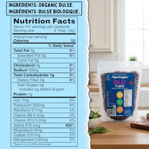 Aqua Veggies Organic Atlantic Dulse Flakes Sea Vegetable, Wild-Harvested, Sun-Dried Superfood Seaweed Snacks| Rich in Iodine, B12, Iron, Calcium, Fibre & Plant-Based Protein (1 Pound (Pack of 1))