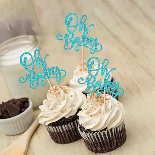 Rsstarxi 24 Pack Oh Baby Cupcake Toppers Glitter Baby Shower Cupcake Picks for Baby Shower Kids Boys Girls Birthday Party Cake Decorations Supplies Blue