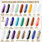 24Pcs Healing Crystals Stones Sets, Hexagonal Bullet Shaped Reiki Meditation Gemstone Chakra Stones Tiger Eye Obsidian Quartz Crystals Gemstone Wand Set Pendants with Storage Box
