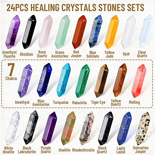24Pcs Healing Crystals Stones Sets, Hexagonal Bullet Shaped Reiki Meditation Gemstone Chakra Stones Tiger Eye Obsidian Quartz Crystals Gemstone Wand Set Pendants with Storage Box