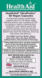 HealthAid UltraProbio, 100 Billion 60ct Once Daily Capsules, Optimum Support 100 Billion with Prebiotic, Acid & Bile Resistant, Dairy & Gluten Free, Non-GMO, Vegan, 14 Viable Strins.
