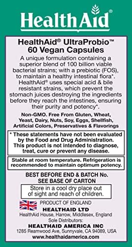 HealthAid UltraProbio, 100 Billion 60ct Once Daily Capsules, Optimum Support 100 Billion with Prebiotic, Acid & Bile Resistant, Dairy & Gluten Free, Non-GMO, Vegan, 14 Viable Strins.