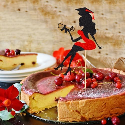 Arthsdite 1Pc High Heel Girl Graduation Cake Topper with Grad Cap Diploma 2026 Graduation Cake Pick 2026 Senior Graduation Cake Decorations for 2026 Girl Graduation Party Supplies - Red Glitter