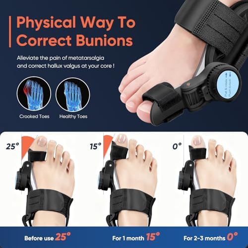 Bunion Corrector for Women & Men, Adjustable Knob Dual-Action Bunion Splint with Silicone Pad - Orthopedic Toe Straightener & Separator for Hallux Valgus Relief, Fits Left/Right Feet (Black)
