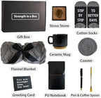 Care Package for Men - Get Well Soon Gifts for Men with Plush Blanket, Ceramic Mug Set, Socks, PU Notebook, Pen, Stress Stone & Greeting Card - Encouragement & Support Gift for Dad, Friend
