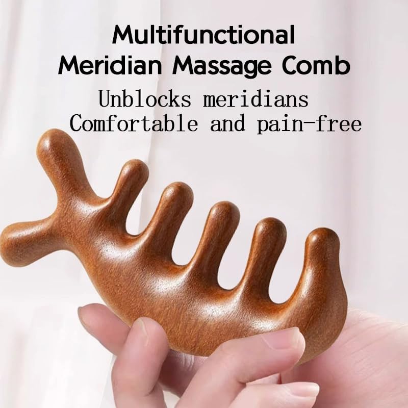 Gua Sha Wood Massage Tool - Natural Sandalwood Scalp Massager Comb for Head Neck Shoulder, 7-Prong Ergonomic Handheld Design, Brown