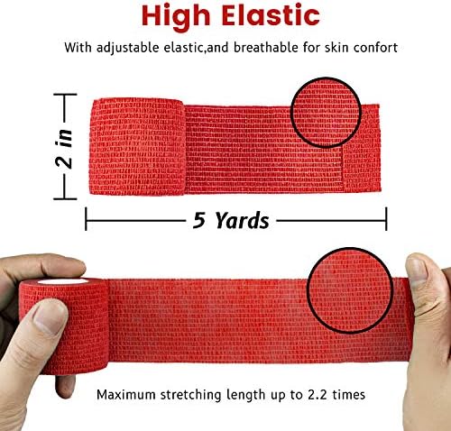 FRESINIDER 9 Rolls Self Adhesive Wrap Athletic Tape Gauze, Breathable Elastic Cohesive Bandage for Sports Injury & Pet (7 Pcs 2" x 5 Yards + 2 Pcs 1" X 5 Yards) (Red)