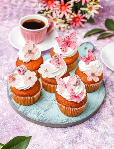 90PCS Artificial Flowers Butterfly Cupcake Toppers, Cherry Blossom Cake Topper Wafer Paper Butterfly Flower for Baby Shower Wedding Birthday Party Cake Food Decorations Supplie